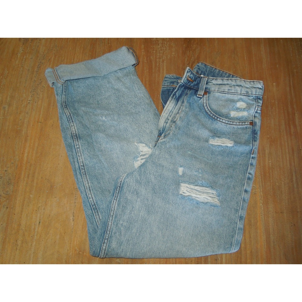 H&M &Denim Loose Straight High Waist Distressed Jeans Light Blue Size 8 0864224‎